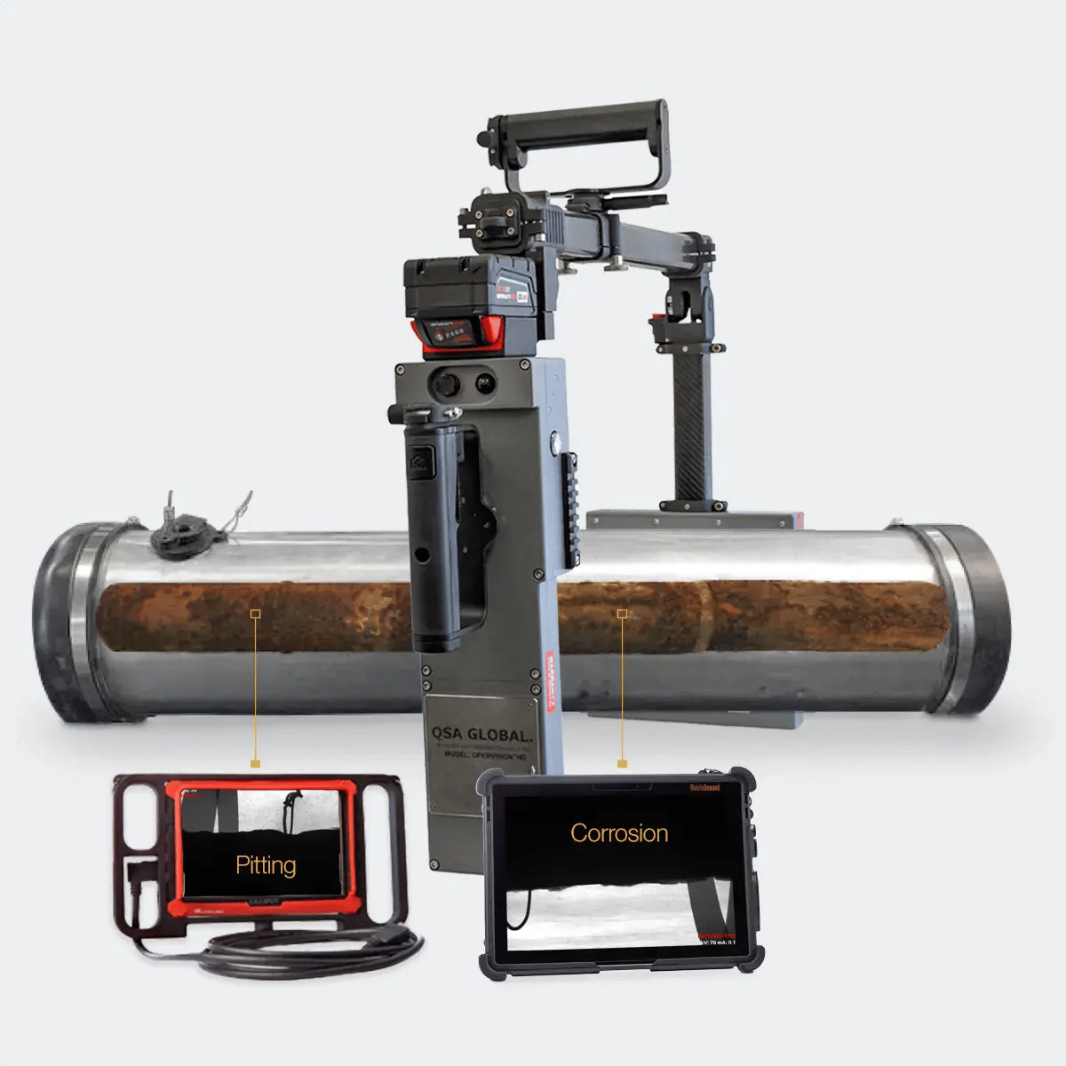 OpenVision HD positioned over insulated piping. The piping shows a new looking exterior with a corroded interior. The tablet and HDMI screens show corrosion and pitting found.  