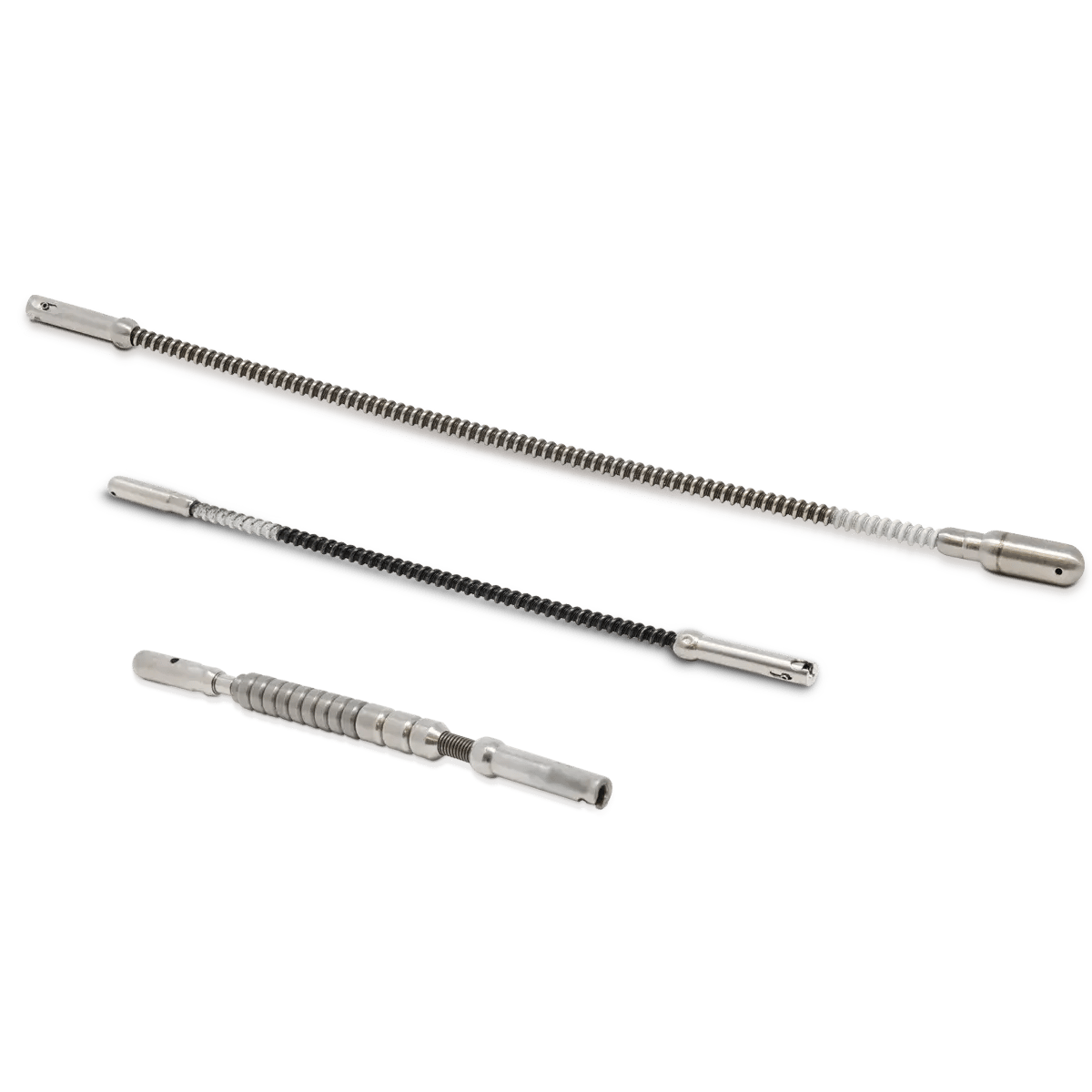 QSA Global Ir-192, Se-75, and Co-60 sealed source assemblies for gamma radiography, showing welded source capsules attached to flexible stainless-steel source wires with connector ends for use in exposure devices.