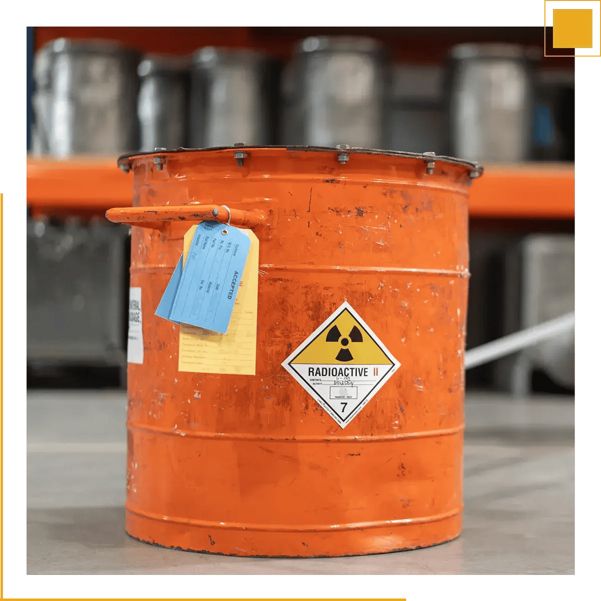 Orange gamma radiography sealed source transport container.