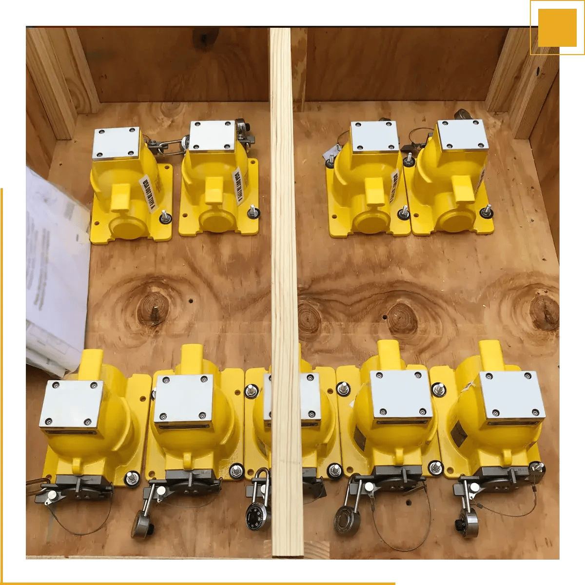 Wood shipping container with yellow Cs-137 gauges